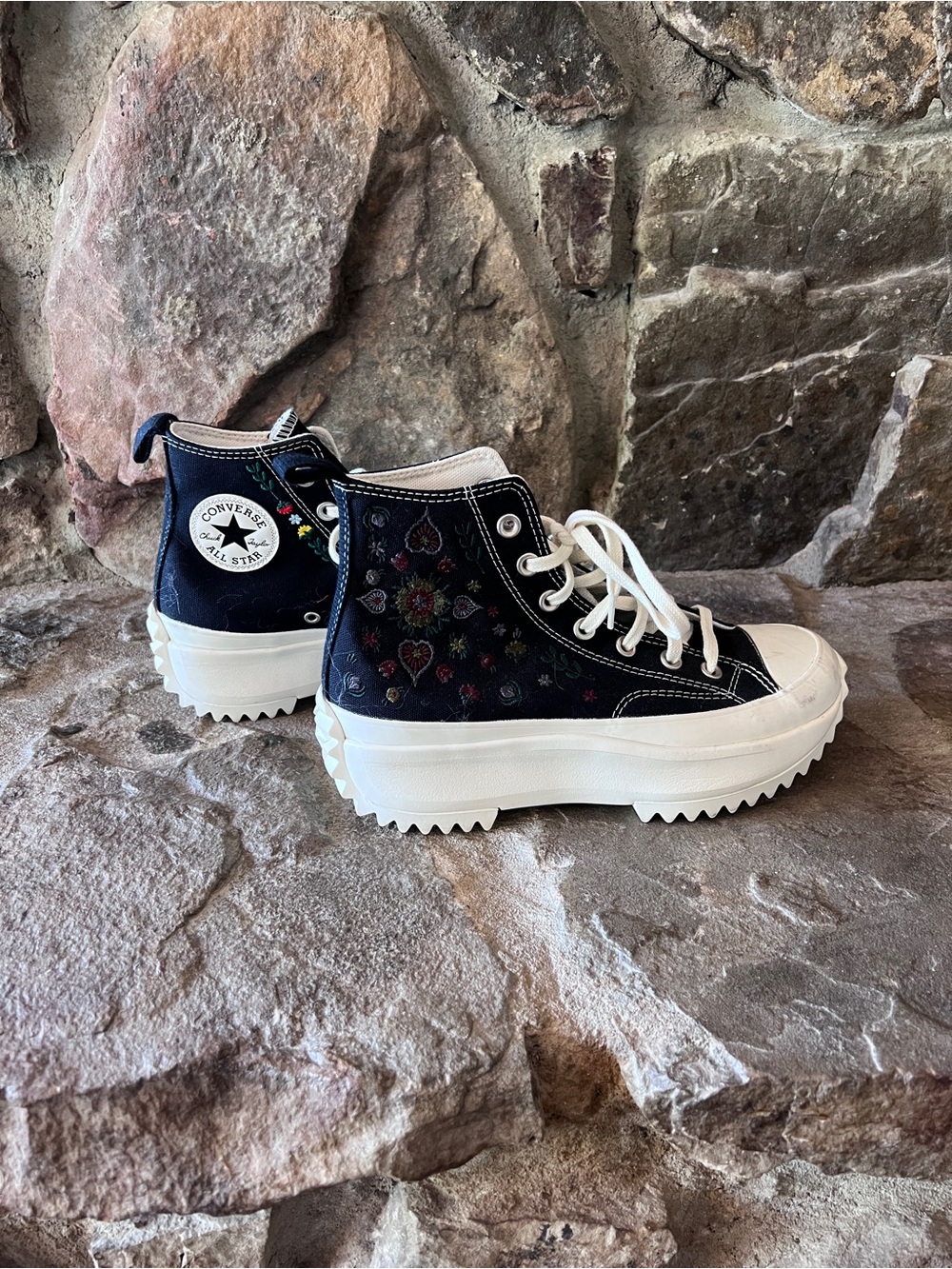 Converse Black High Top Platform Sneakers with Floral Accent